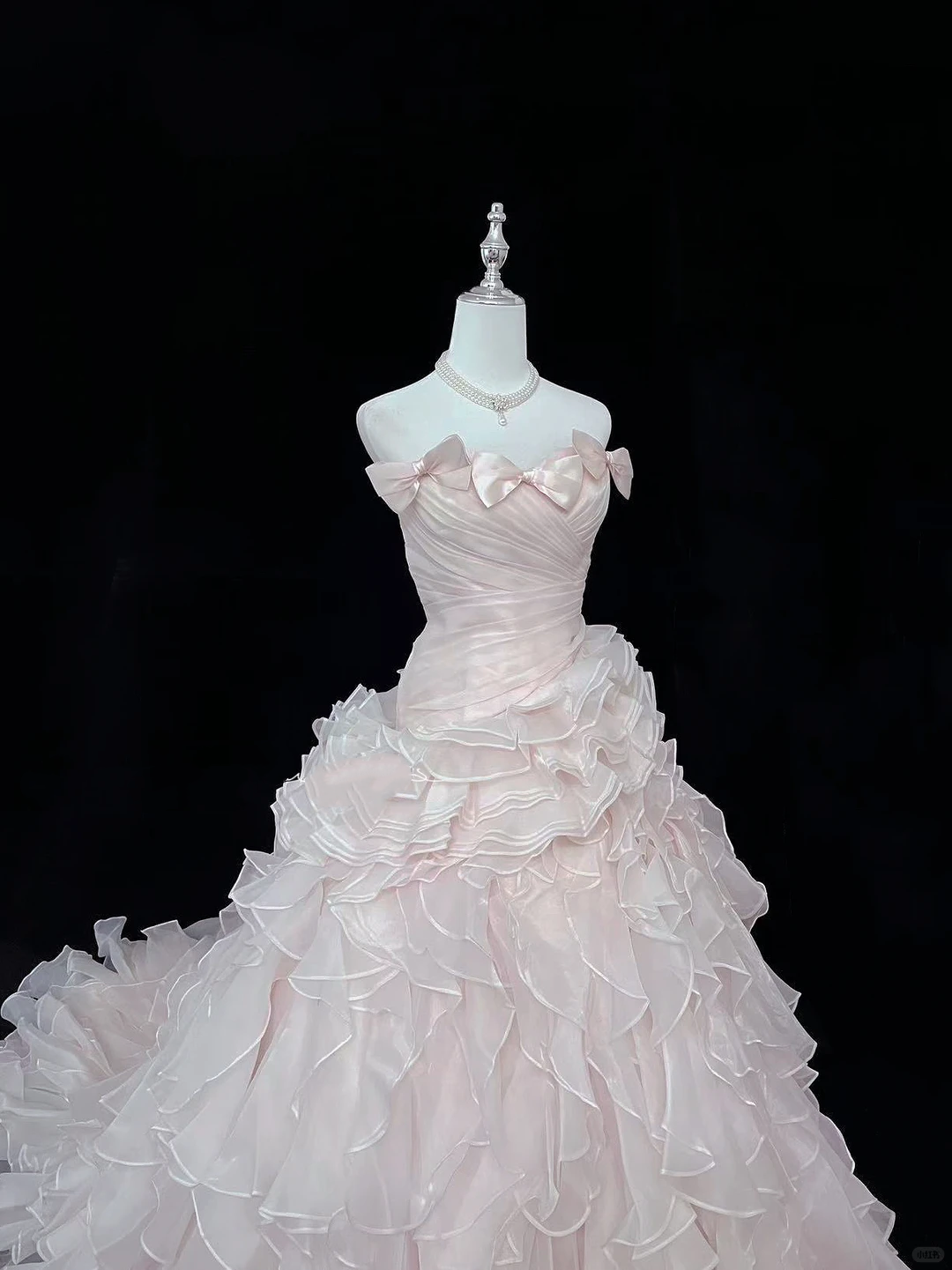 Blush Pink Bow Strapless Girly Cinched Waist Voluminous Tiered Skirt Long Romantic Dress, Wedding Gown gh7987