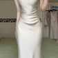 Champagne Satin Halter Neck Long Evening Gown, Cowl Neck Twist Shoulder Cross‑Draped Waist Mermaid Formal Prom Dress gh8986
