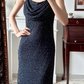 Navy Blue Vintage Spaghetti‑Strap Cowl Neck Prom Gown, All‑Over Hand‑Beaded Sequins, Fitted Waist Bodycon Mermaid Long Dress, Evening Prom Dress gh8807