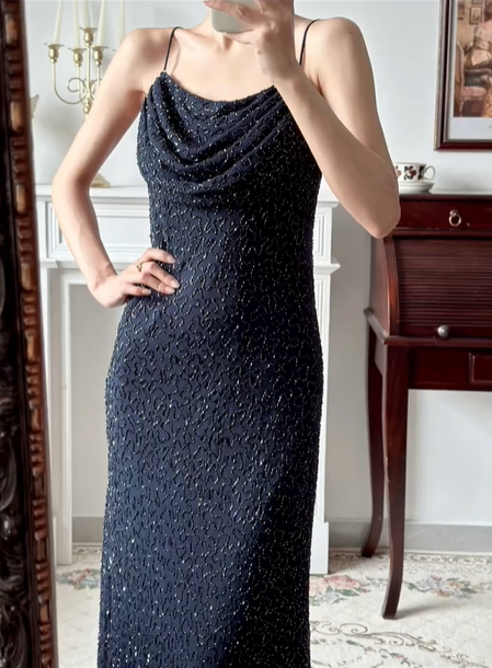 Navy Blue Vintage Spaghetti‑Strap Cowl Neck Prom Gown, All‑Over Hand‑Beaded Sequins, Fitted Waist Bodycon Mermaid Long Dress, Evening Prom Dress gh8807