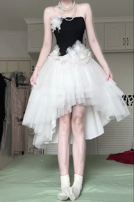Black‑White Contrast Tulle Prom Gown, Strapless 3D‑Floral Tiered High‑Low Hem Evening Dress gh9046