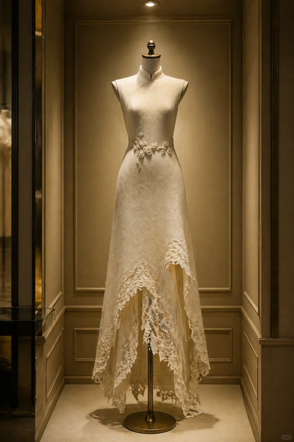 ✨Girlhomeshops-Irregular Lace Hem Ivory Qipao Cheongsam Wedding Dress gh10478