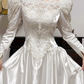 Ivory Vintage Lace Satin Wedding Dress, Off‑Shoulder Puff Long Sleeve Bridal Gown gh8742