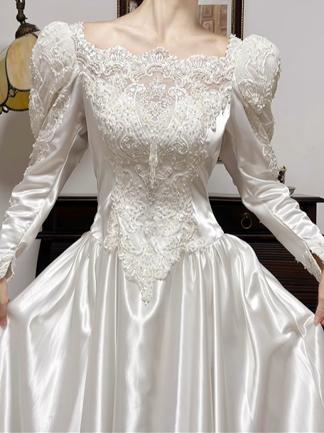 Ivory Vintage Lace Satin Wedding Dress, Off‑Shoulder Puff Long Sleeve Bridal Gown gh8742