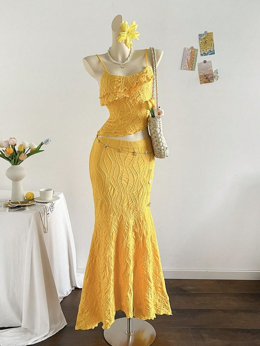 Bright Yellow Spaghetti Straps Waist-Cinched Bodycon Mermaid Skirt Set Evening Dress, Fairy Gown, Romantic Gown gh7444