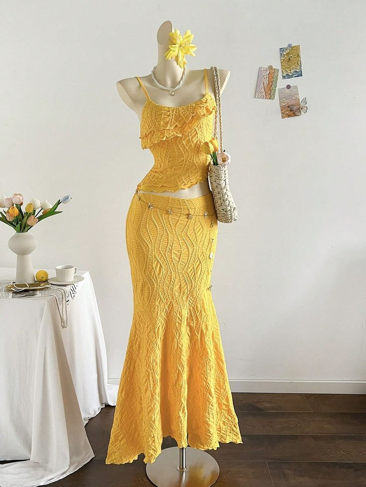 Bright Yellow Spaghetti Straps Waist-Cinched Bodycon Mermaid Skirt Set Evening Dress, Fairy Gown, Romantic Gown gh7444