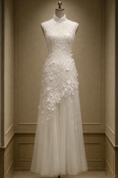 ✨Girlhomeshops-Ivory Sleeveless Qipao Mermaid Wedding Dress with 3D Floral Tulle Skirt gh10530