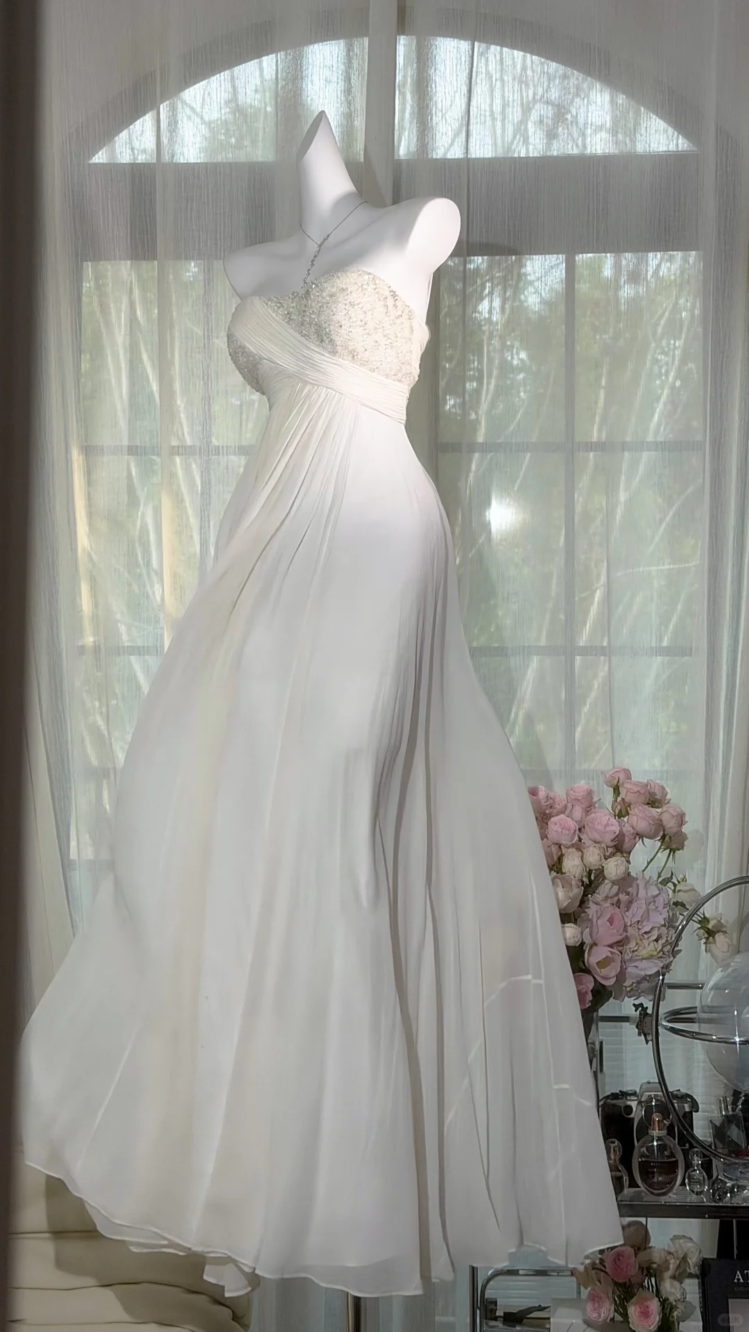 White Strapless Sweetheart Heavy Beaded High Waist Chiffon A-Line Evening Dress, Prom Gown gh9520