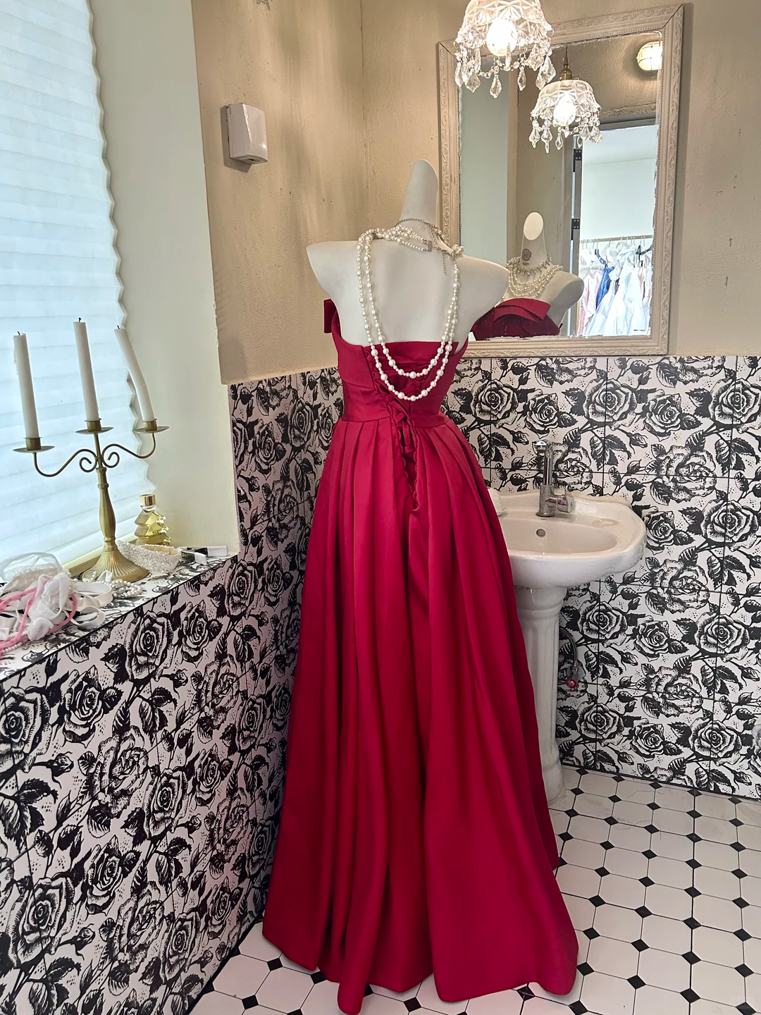 Red Satin Strapless Waist-Cinched Full Flared Skirt Sexy Romantic Dress, Wedding Gown gh7691
