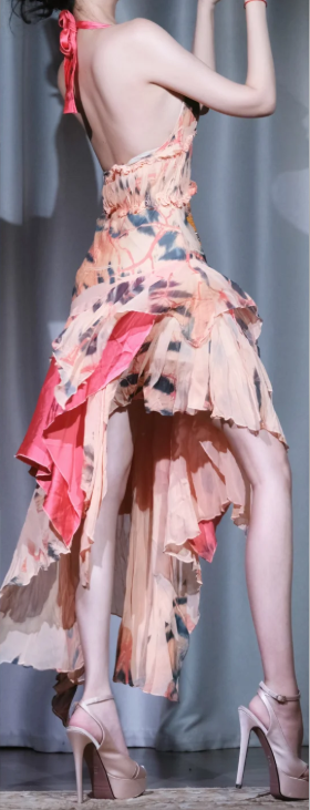 ✨Girlhomeshops-Halter Asymmetrical Ruffle Dress, Pink Watercolor Chiffon Evening Gown gh9932