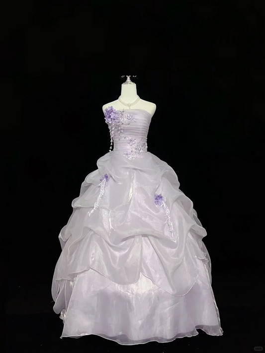 Lavender Strapless Cinched Waist Voluminous Princess Skirt Long Romantic Dress, Wedding Gown gh7948