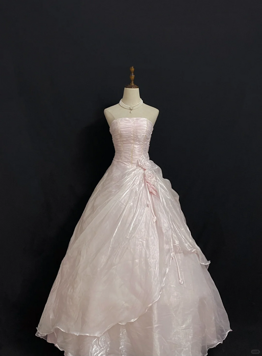 Blush Pink Strapless Elegant Romantic Gown With Fitted Waist And Fluffy Princess Skirt, Wedding Dress & Bridal Gown gh8299