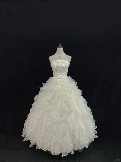 Off-white strapless romantic temperament gown with cinched waist and fluffy cute wavy skirt, wedding dress & bridal gown gh8123