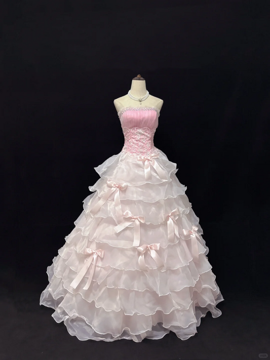 Blush Pink Strapless, Cinched Waist, Voluminous Tiered Skirt Long Romantic Dress, Wedding Gown gh8084