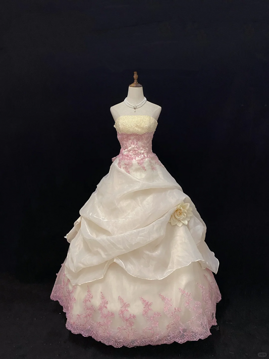 Off-white Strapless Romantic Gown, Cinched Waist, Voluminous Skirt Decorated with Light Pink Lace Trim, Wedding Dress & Bridal Gown gh8168