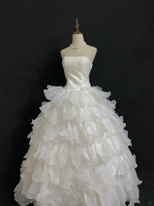 Off-White Strapless Long Romantic Wedding Dress, Beaded Details, Cinched Waist, Voluminous Tiered Cake Skirt gh8349