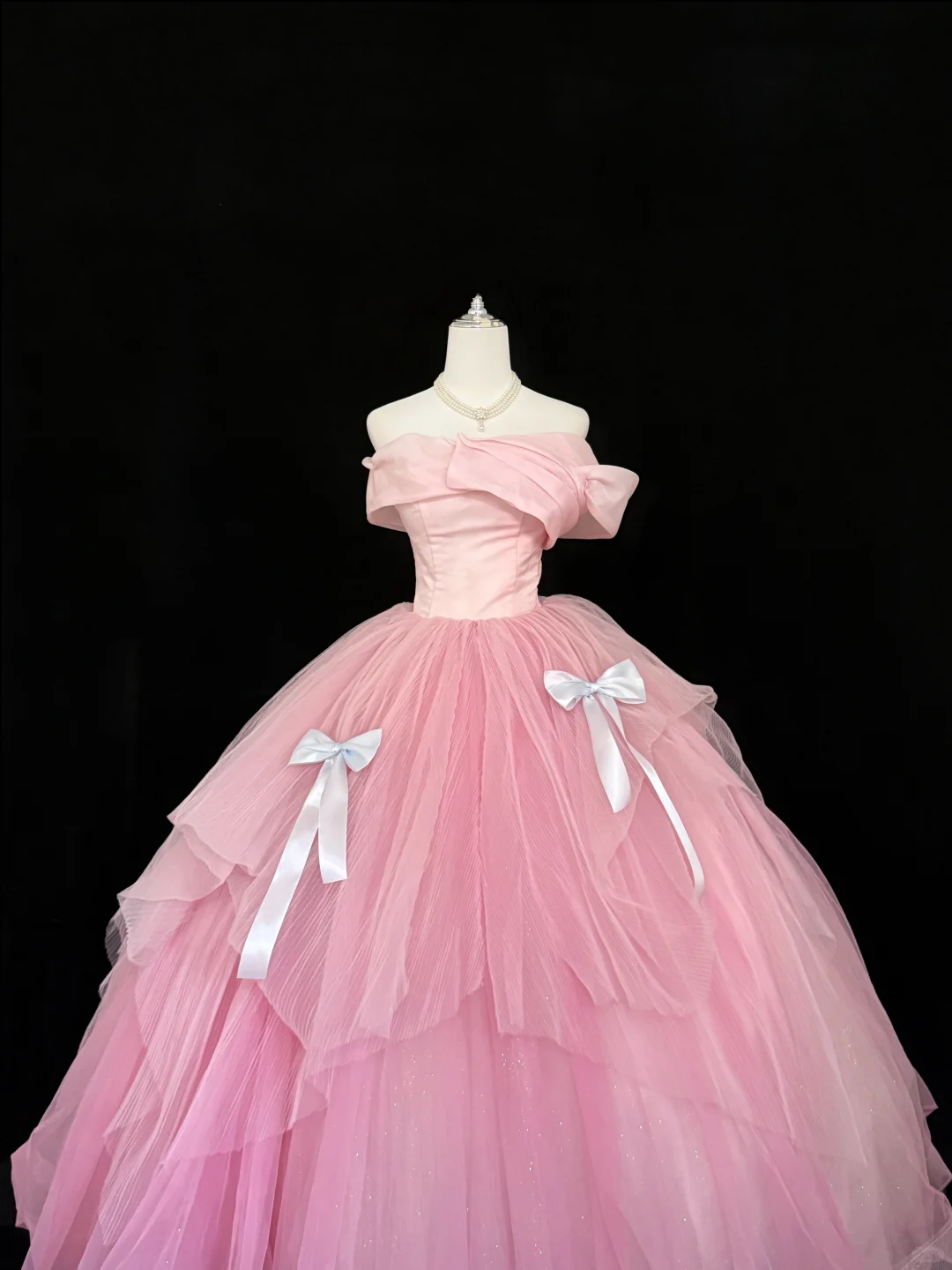 Pink Girly Off-the-Shoulder Cinched Waist Voluminous Princess Skirt Romantic Dress, Wedding Gown gh7862