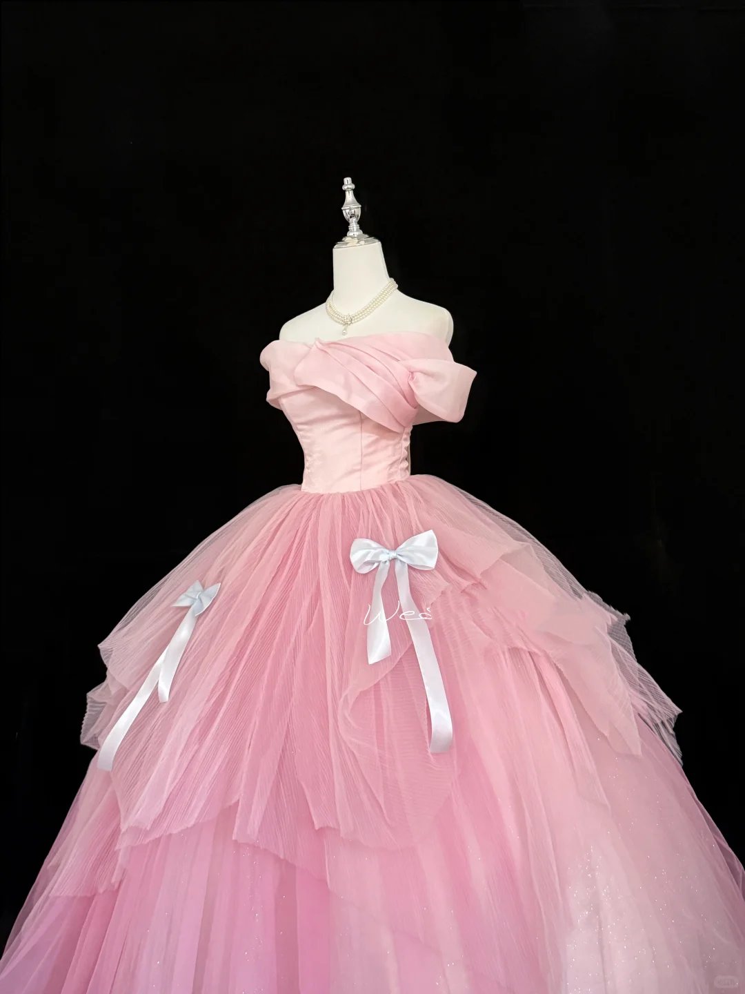 Pink Girly Off-the-Shoulder Cinched Waist Voluminous Princess Skirt Romantic Dress, Wedding Gown gh7862