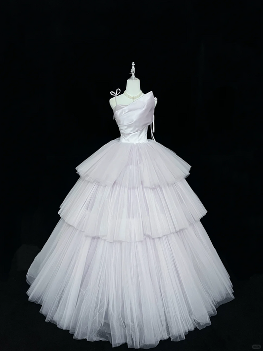Blush Pink Satin Spaghetti Strap Cinched Waist Voluminous Tiered Princess Skirt Romantic Dress, Wedding Gown gh7988