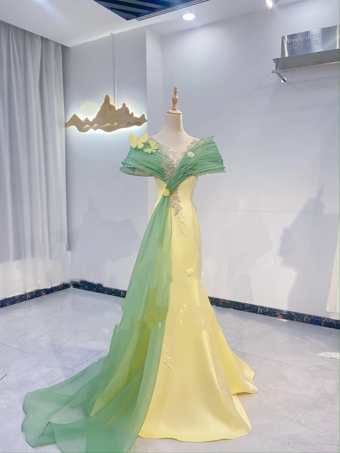 Light Green Spliced Pale Yellow Waist-Cinched Fitted Elegant Long Evening Dress, Fairy Gown, Romantic Gown gh7415