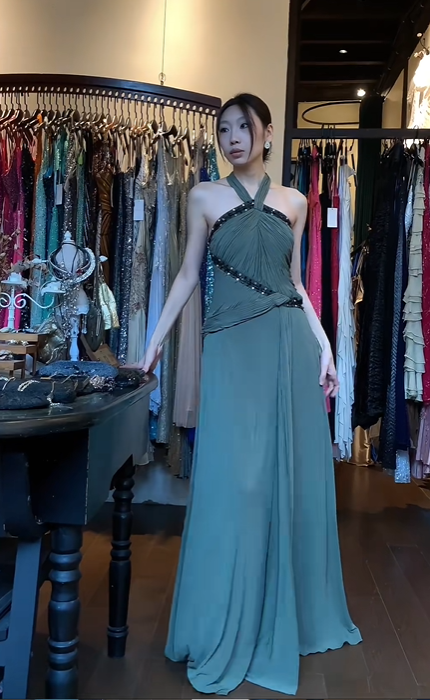 Halter Neck Dusty Green Chiffon Evening Gown Ruched Bodice Beaded Trim Long Prom Dress gh9683