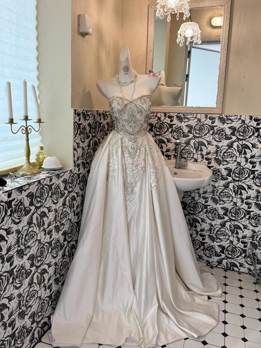 Ivory Strapless Gown with Silver Embellishments, High-End Sexy Waist-Cinched Long Romantic Dress, Wedding Gown gh7535