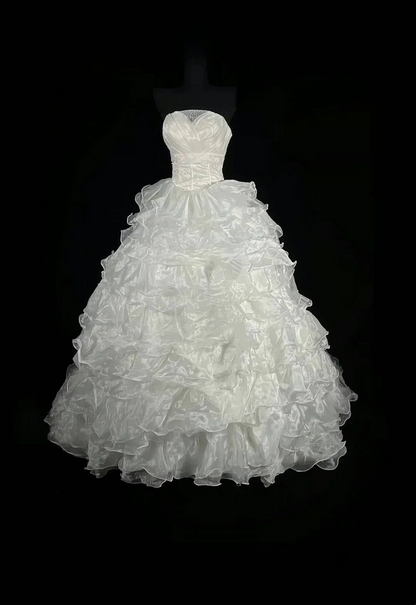 White Strapless Waist-Cinched Gown with Tiered Skirt, suitable for prom, birthday parties and wedding dress gh7165