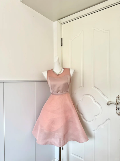Women Dusty Pink Homecoming Dress, Sleeveless Round Neck With Mesh Yoke Satin Bodice High Waist Flared Mesh A‑Line Mini Party Dress gh9193