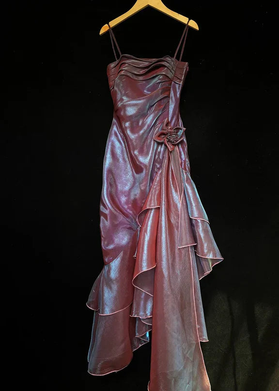 Blue shiny stylish elegant spaghetti straps long satin ball gown evening dress party dress gh3489