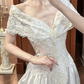 White Vintage Satin A‑Line Wedding Prom Dress, Off‑the‑Shoulder V‑Neck Cape Sleeves, Lace Beaded Bodice, Lace Appliqués Long Train gh8712