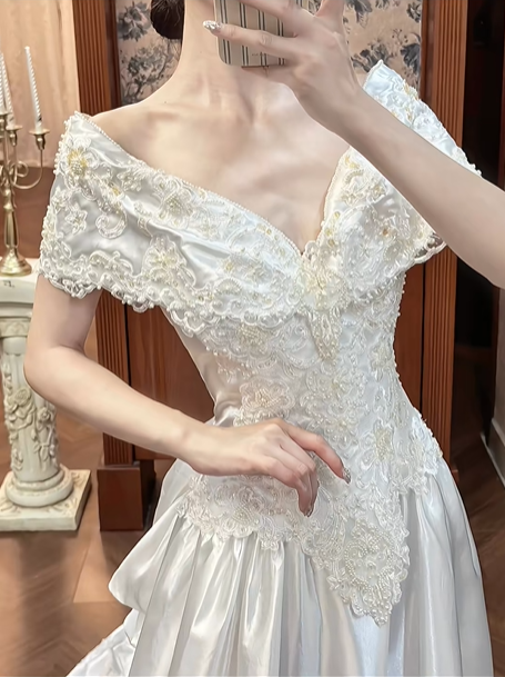 White Vintage Satin A‑Line Wedding Prom Dress, Off‑the‑Shoulder V‑Neck Cape Sleeves, Lace Beaded Bodice, Lace Appliqués Long Train gh8712
