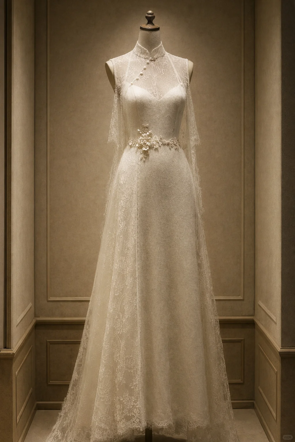 ✨Girlhomeshops-Ivory Halter Qipao Lace Wedding Dress with 3D Floral Pearl Waist & Train gh10529