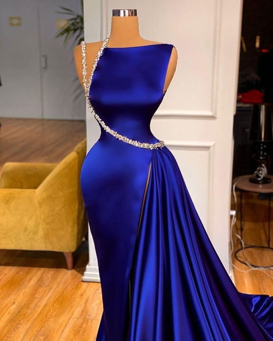 Blue gorgeous shiny long slit elegant floor-length ball gown evening dress party dress gh3232