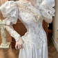 White Vintage Satin Multi‑Layer Long Train Wedding Prom Dress, Mock Two‑Piece Lace V‑Neck, Puff Over‑Sleeves Lace Inner Sleeves, Baroque Lace Appliqués gh8709