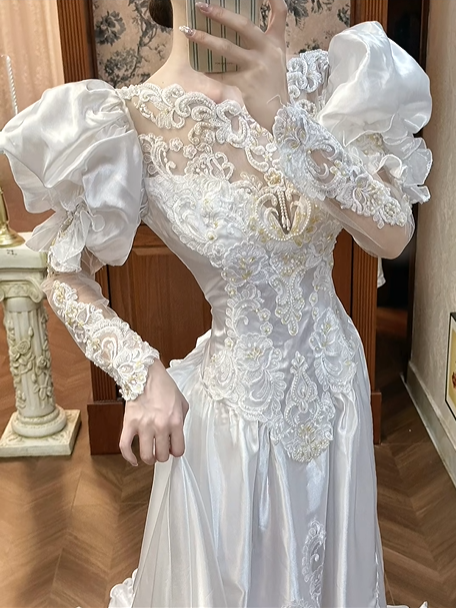 White Vintage Satin Multi‑Layer Long Train Wedding Prom Dress, Mock Two‑Piece Lace V‑Neck, Puff Over‑Sleeves Lace Inner Sleeves, Baroque Lace Appliqués gh8709