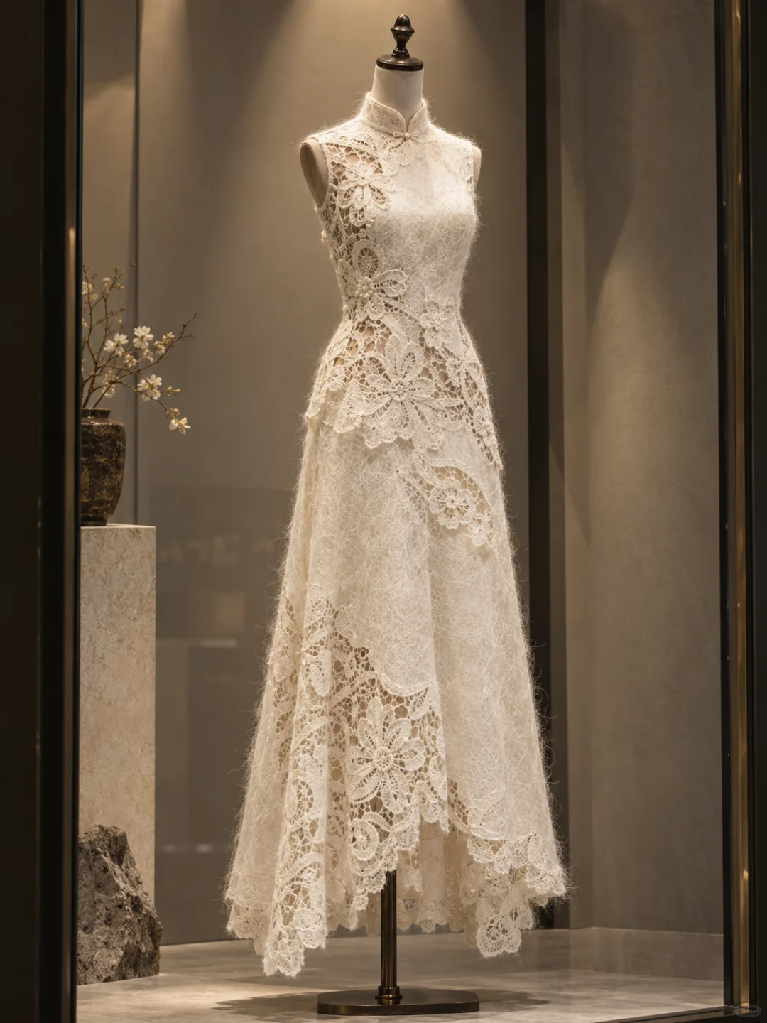 ✨Girlhomeshops-Ivory Sleeveless Qipao Lace Dress High Neck Crochet Hollow Floral Asymmetrical Hem gh10321