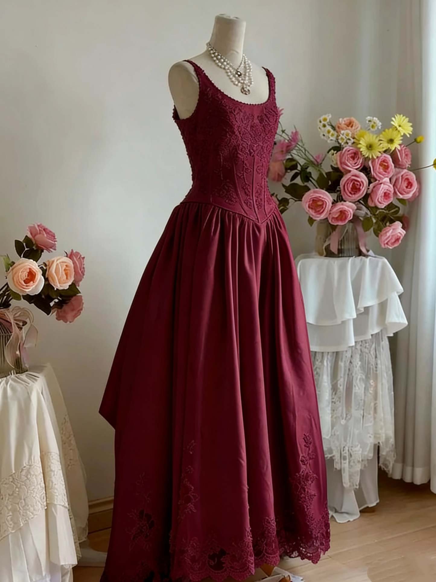 girlhomeshops -- Elegantes langes Satinkleid aus weißer Spitze im Retro-Stil, gh5704