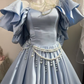 Dusty Blue Satin Long Evening Gown, Off Shoulder Ruffle Puff Sleeve V-Neck Pearl Waist Chain A-Line Ball Gown gh9268