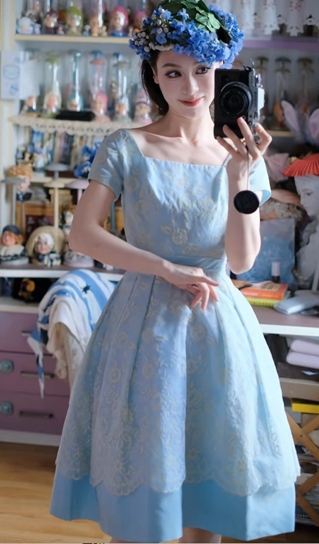 Vintage Blue Square Neck Printed Fitted Waist Flared Skirt Prom & Evening Party Dress gh8503