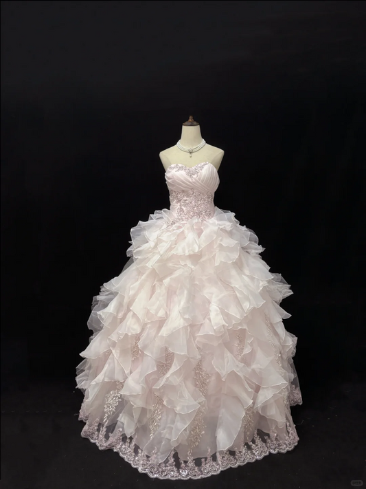 Blush Pink Strapless, Cinched Waist, Embroidered Vintage Voluminous Tiered Skirt Elegant Romantic Dress, Wedding Gown gh8085