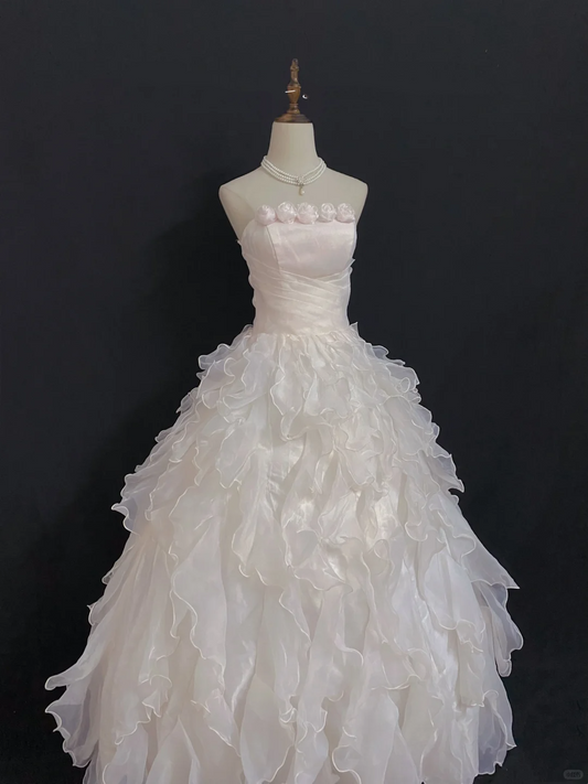 Blush pink strapless long romantic gown with fitted waist and fluffy tiered cake skirt, wedding dress & bridal gown gh8350