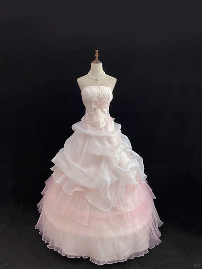 Blush Pink Strapless Romantic Gown for Gentle Girls, Cinched Waist, Voluminous Princess Skirt, Wedding Dress & Bridal Gown gh8169