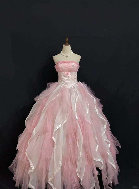 Blush Pink Strapless Long Romantic Gown with Fitted Waist and Fluffy Princess Skirt, Wedding Dress & Bridal Gown gh8300