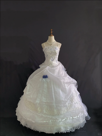 White Spaghetti Strap Romantic Gown With Classical Elegance, Cinched Waist & Voluminous Princess Skirt, Wedding Dress & Bridal Gown gh8209