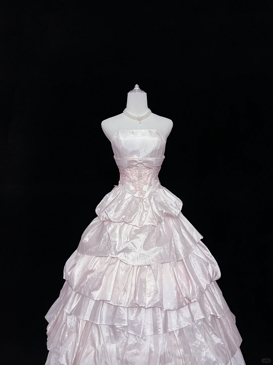 Blush Pink Satin Strapless Cinched Waist Voluminous Tiered Skirt Elegant Luxury Romantic Dress, Wedding Gown gh8035