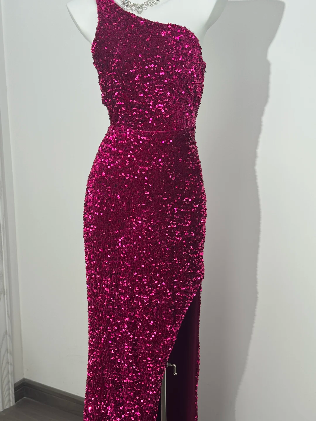 Rose Red Sequin One-Shoulder Fitted Waist Slim Bodycon Prom & Evening Dress gh7226