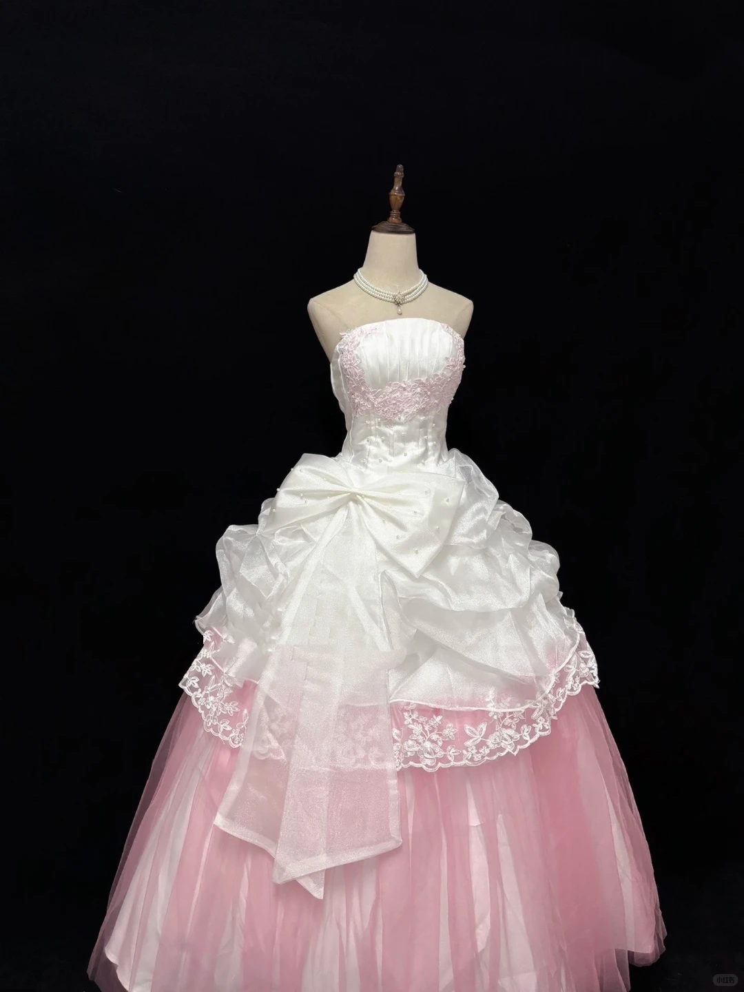 Blush Pink & White Color Block Strapless Cinched Waist Voluminous Princess Skirt Long Romantic Dress, Wedding Gown gh7899