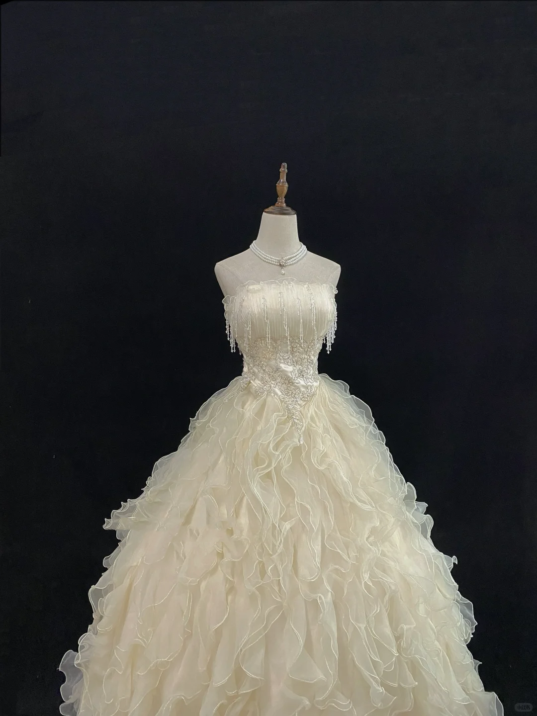 Light Apricot Strapless Romantic Gown with Beaded Tassels, Cinched Waist & Voluminous Princess Skirt, Wedding Dress & Bridal Gown gh8124