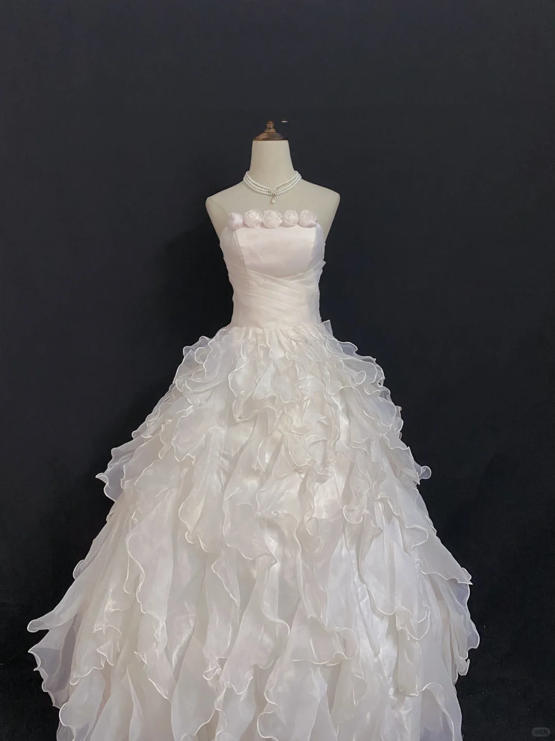 Blush pink strapless long romantic gown with fitted waist and fluffy tiered cake skirt, wedding dress & bridal gown gh8350