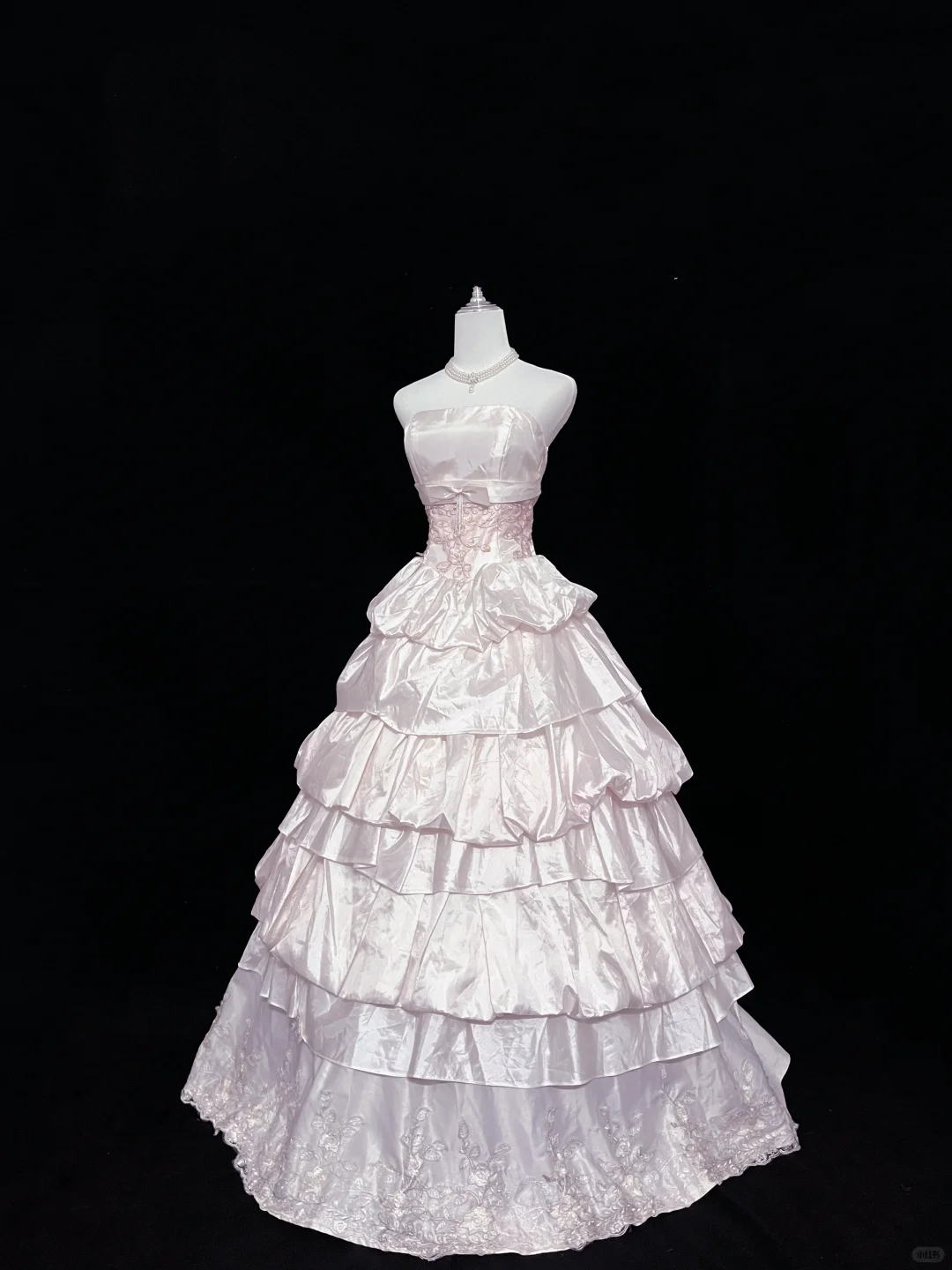 Blush Pink Satin Strapless Cinched Waist Voluminous Tiered Skirt Elegant Luxury Romantic Dress, Wedding Gown gh8035
